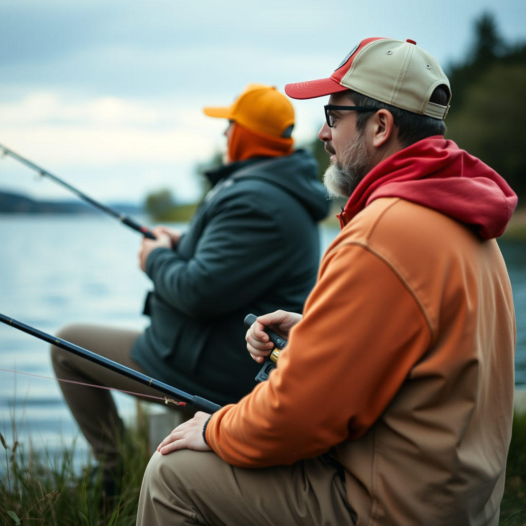 2 guys fishing by a lake